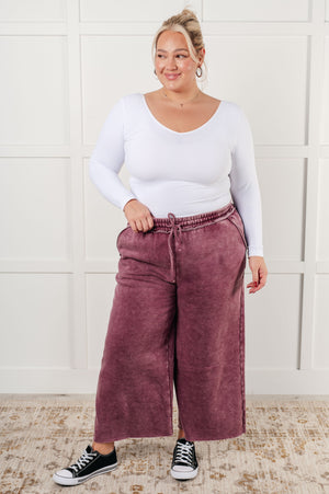 Zenana Wide Leg Mineral Wash Cropped Pants in Eggplant