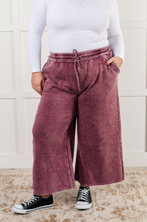 Zenana Wide Leg Mineral Wash Cropped Pants in Eggplant