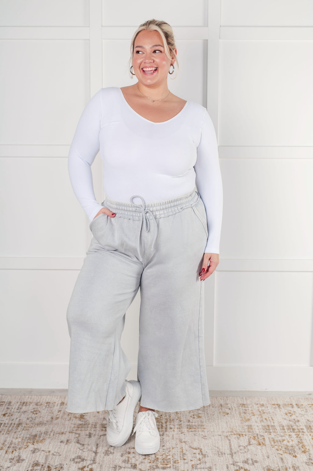 Zenana Wide Leg Mineral Wash Cropped Pants in Light Grey