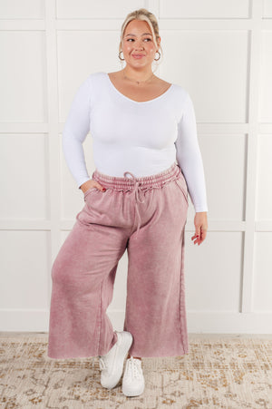 Zenana Wide Leg Mineral Wash Cropped Pants in Light Rose