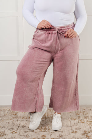 Zenana Wide Leg Mineral Wash Cropped Pants in Light Rose