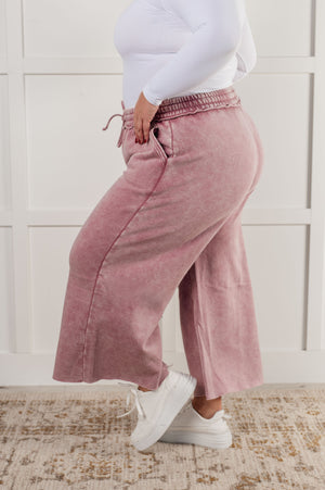 Zenana Wide Leg Mineral Wash Cropped Pants in Light Rose