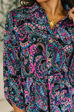 Inspire Collared Dress in Black and Cool Paisley by Dear Scarlett