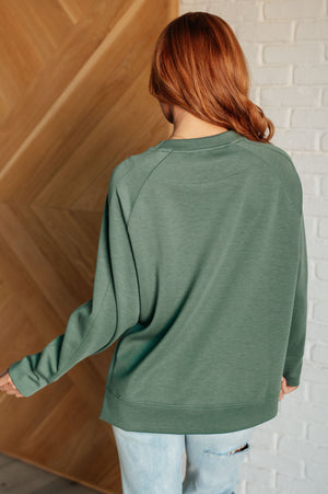 Zenana It's The Little Things Relaxed Scuba Pullover in Dark Forest