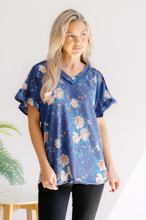 Moonlit Petals Ribbed Short Sleeve Top