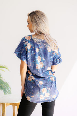 Moonlit Petals Ribbed Short Sleeve Top
