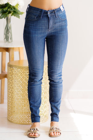 Judy Blue Mid Rise Adjustable Double Button Waist Raw Hem Skinny Jeans