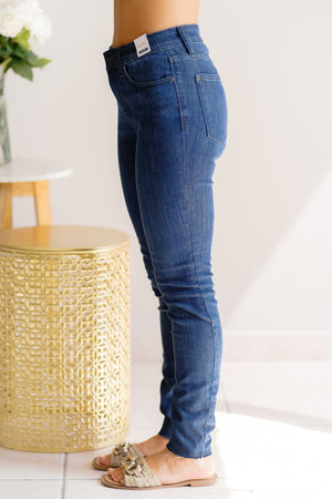 Judy Blue Mid Rise Adjustable Double Button Waist Raw Hem Skinny Jeans