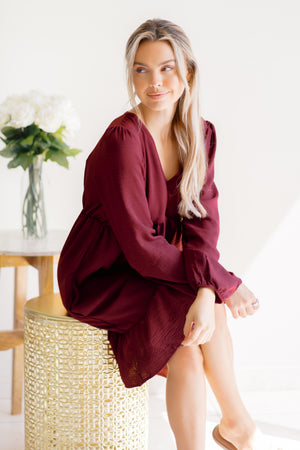 Burgundy Bliss V Neck Babydoll Ruffled Dress