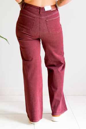 Judy Blue High Waist Retro Wide Leg with Twisted Seams Burgundy