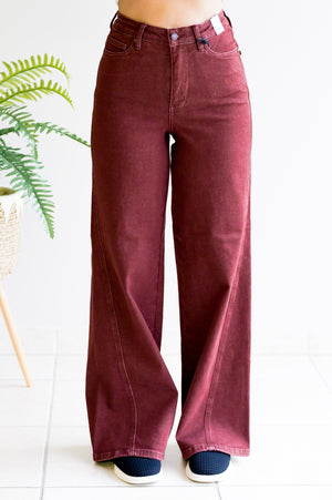 Judy Blue High Waist Retro Wide Leg with Twisted Seams Burgundy