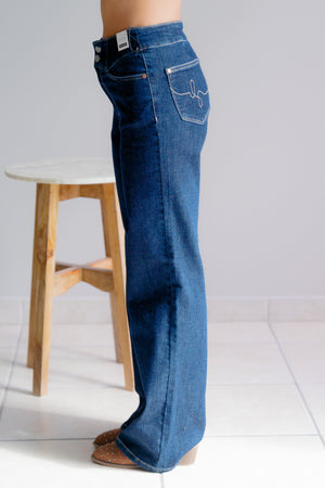 Judy Blue High Waist Dark Rinse Geometric Waistband & Pocket Embroidery Wide Leg Jeans