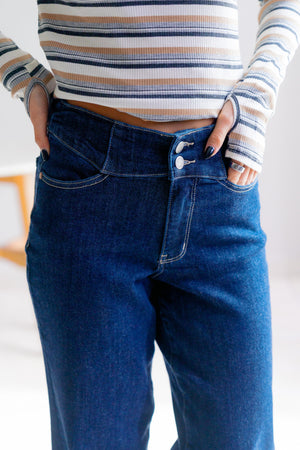 Judy Blue High Waist Dark Rinse Geometric Waistband & Pocket Embroidery Wide Leg Jeans