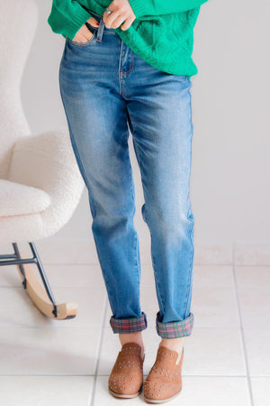 Judy Blue Mid Rise Plaid Tidings Cuffed Boyfriend Jeans