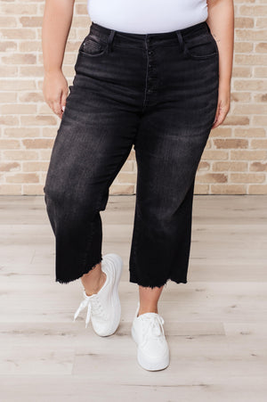 Judy Blue High Rise Button Fly Wide Leg Black Crop Jeans