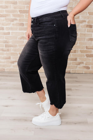 Judy Blue High Rise Button Fly Wide Leg Black Crop Jeans