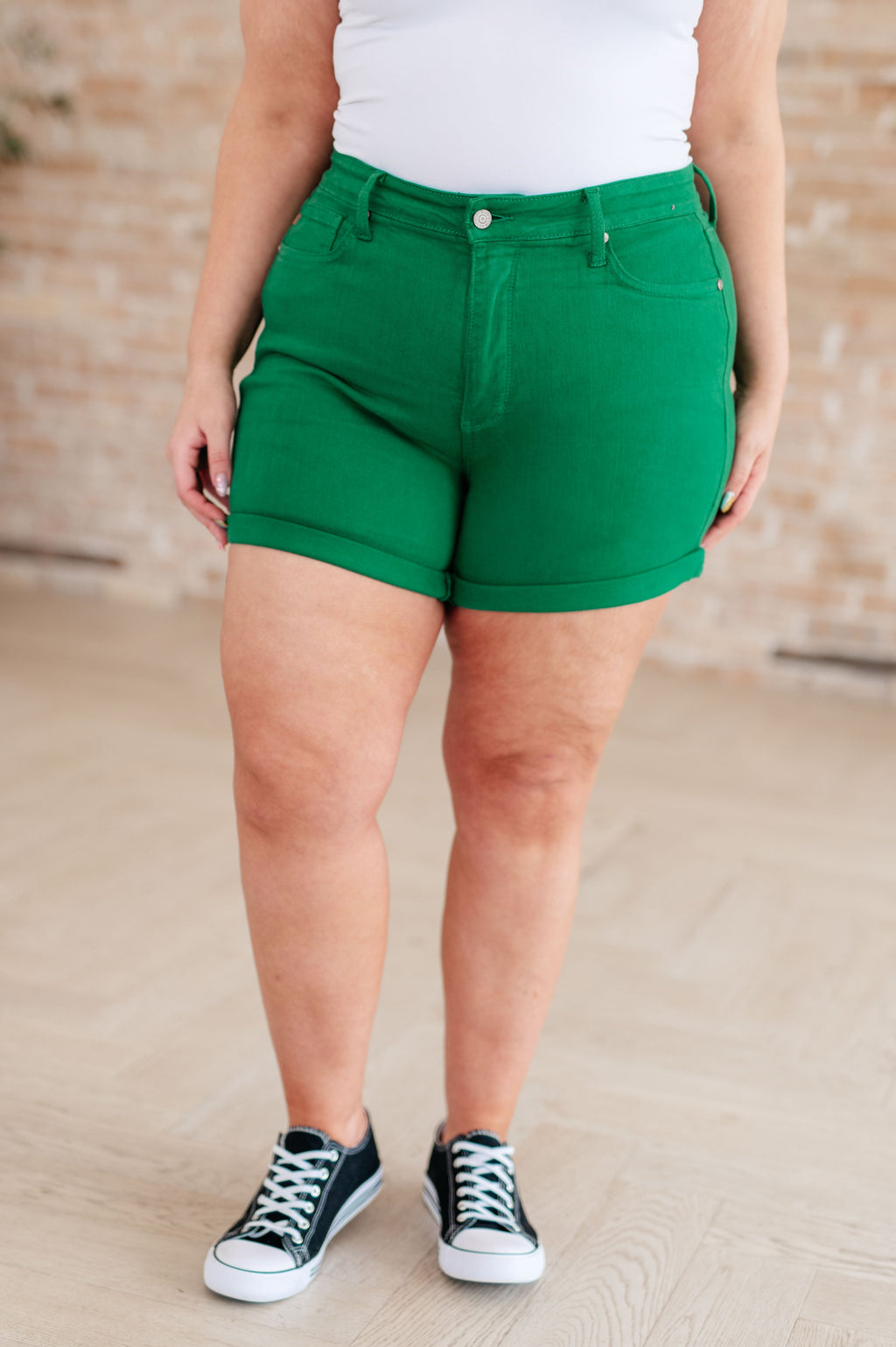 Judy Blue High Rise Tummy Control Cuffed Shorts in Garment Dyed Kelly Green