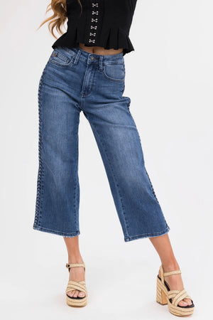 Judy Blue High Waist Braided Detail Crop Wide Leg Jeans