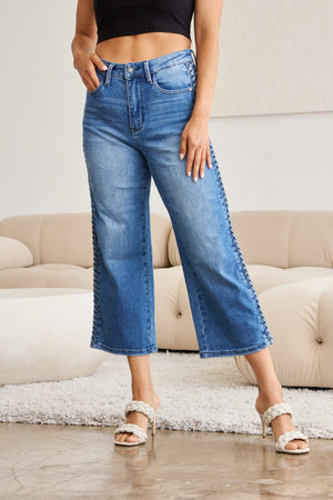 Judy Blue High Waist Braided Detail Crop Wide Leg Jeans