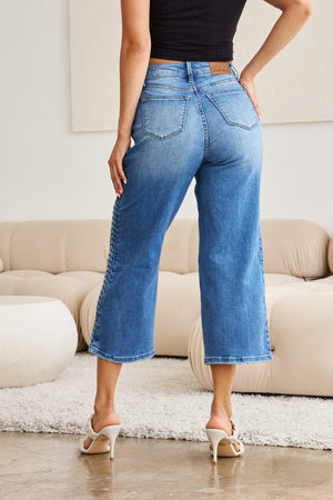 Judy Blue High Waist Braided Detail Crop Wide Leg Jeans