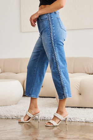 Judy Blue High Waist Braided Detail Crop Wide Leg Jeans