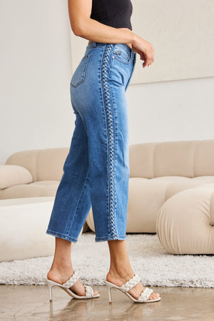 Judy Blue High Waist Braided Detail Crop Wide Leg Jeans