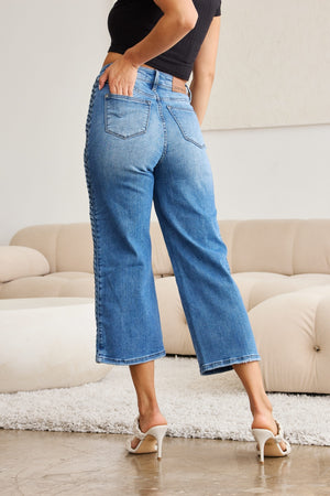 Judy Blue High Waist Braided Detail Crop Wide Leg Jeans