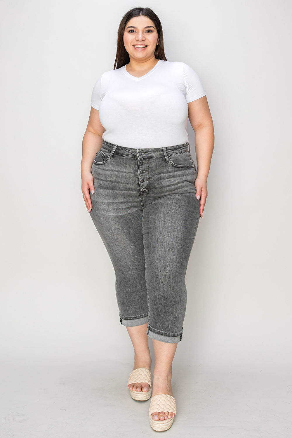 Judy Blue High Waist Button Fly Cuffed Capris in Gray