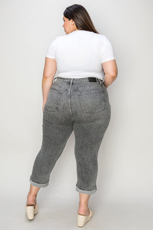 Judy Blue High Waist Button Fly Cuffed Capris in Gray