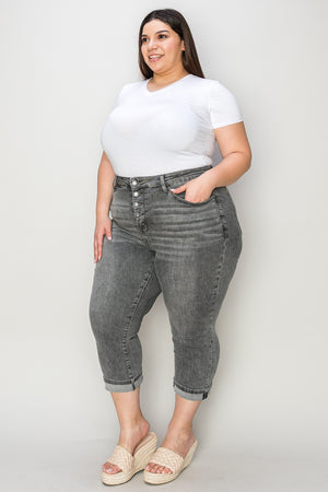 Judy Blue High Waist Button Fly Cuffed Capris in Gray