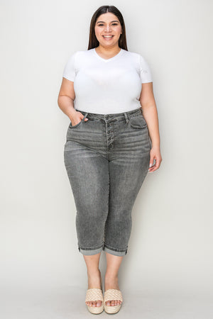 Judy Blue High Waist Button Fly Cuffed Capris in Gray