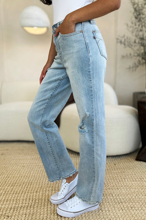 Judy Blue High Waist Front & Back Distressed 90's Straight Leg Jeans