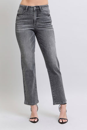 Judy Blue High Waist Starlight Glam Rhinestone Gray Straight Leg Jeans