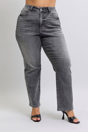 Judy Blue High Waist Starlight Glam Rhinestone Gray Straight Leg Jeans