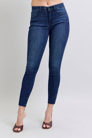 Judy Blue Mid Rise Adjustable Double Button Waist Raw Hem Skinny Jeans