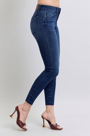 Judy Blue Mid Rise Adjustable Double Button Waist Raw Hem Skinny Jeans