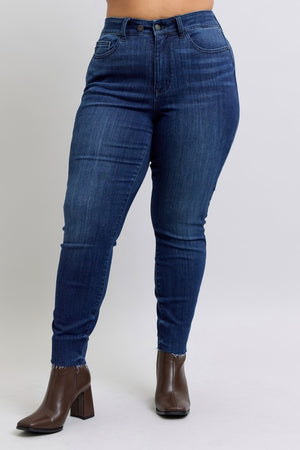 Judy Blue Mid Rise Adjustable Double Button Waist Raw Hem Skinny Jeans