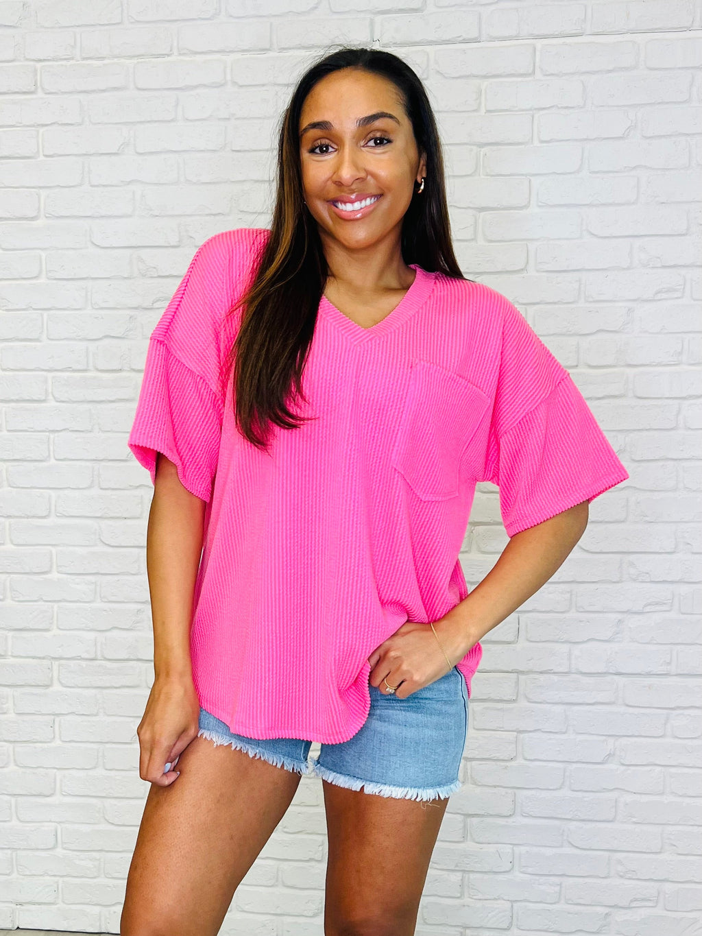 Just a Casual Girly V-Neck Basic Tee in Pink Paradise