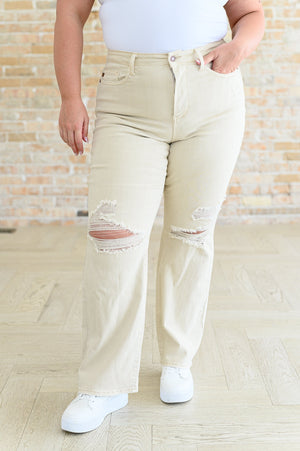 Judy Blue High Waist Garment Dyed Bone Distressed 90's Straight Leg Jeans