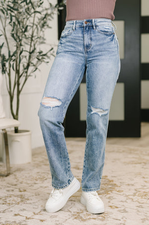 Judy Blue High Waist Rigid Magic Distressed Slim Straight Leg Jeans