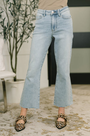 Judy Blue Mid Rise Kick Flare Raw Hem Cropped Jeans