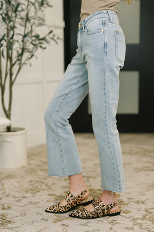 Judy Blue Mid Rise Kick Flare Raw Hem Cropped Jeans