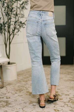 Judy Blue Mid Rise Kick Flare Raw Hem Cropped Jeans