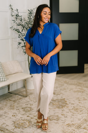Lizzy Bloom Split Neck Blouse in Royal Blue by Dear Scarlett