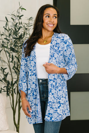 Lizzy Cardigan in Blue and White Floral by Dear Scarlett