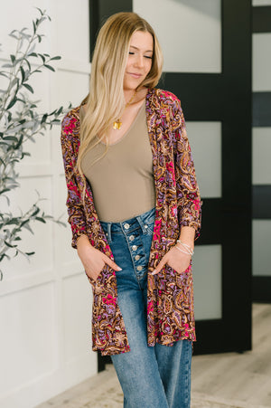 Lizzy Cardigan in Chocolate Paisley by Dear Scarlett