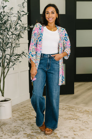 Lizzy Cardigan in Teal and Pink Floral Abstract by Dear Scarlett