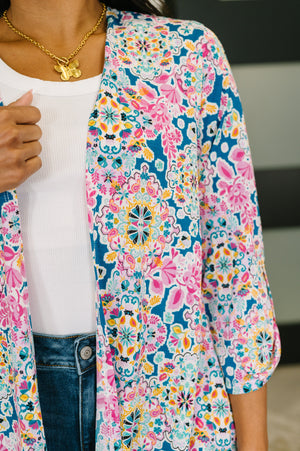 Lizzy Cardigan in Teal and Pink Floral Abstract by Dear Scarlett