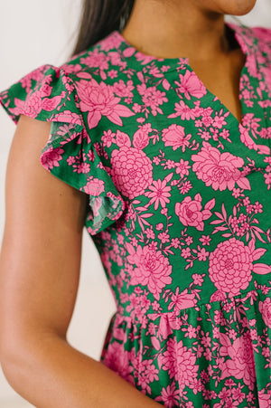 Lizzy Forever Flutter Sleeve Dress in Green and Pink Floral by Dear Scarlett