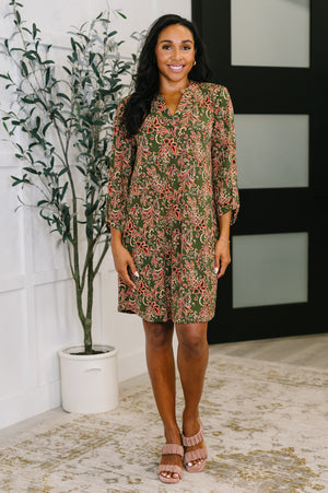 Lizzy Long Sleeve Dress in Olive Paisley by Dear Scarlett